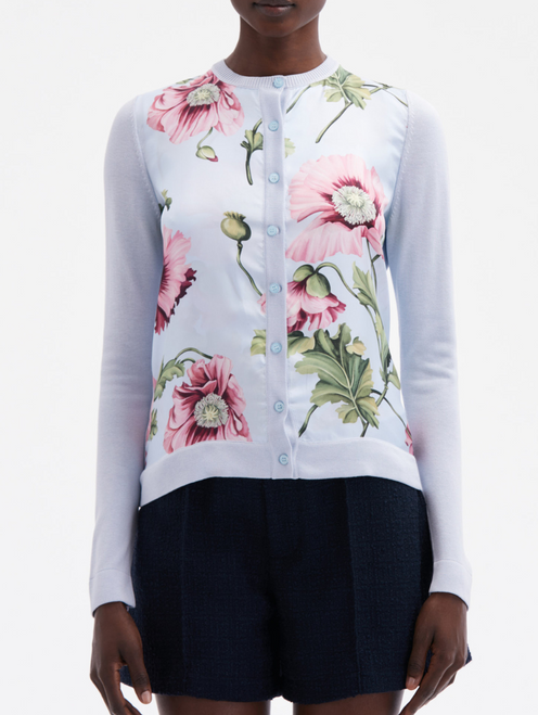 Oscar de la Renta Poppy Printed Inset Cardigan in Light Blue/Pink, Size Large