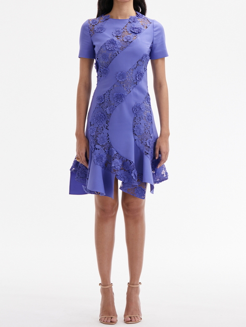 Oscar de la Renta Floral Guipure Asymmetrical Dress in Crocus, Size 10