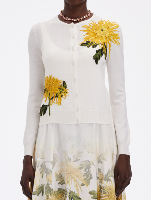 Oscar de la Renta Chrysanthemum Threadwork Cardigan in Ivory, Size Small