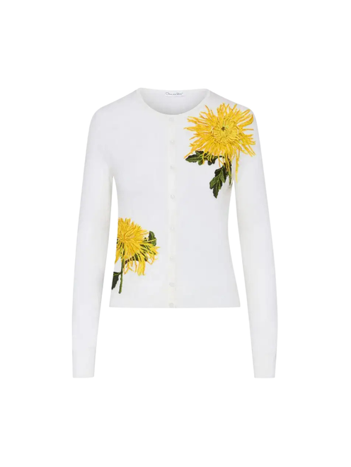 Oscar de la Renta Chrysanthemum Threadwork Cardigan in Ivory, Size Small