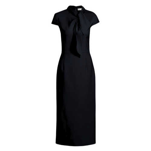Oscar de la Renta Cap Sleeve Tie Neck Detail Stretch Wool Pencil Dress in Black, Size 6