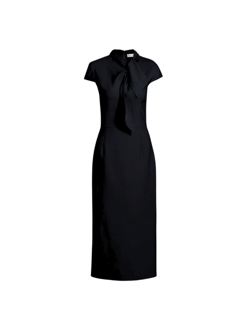 Oscar de la Renta Cap Sleeve Tie Neck Detail Stretch Wool Pencil Dress in Black, Size 6