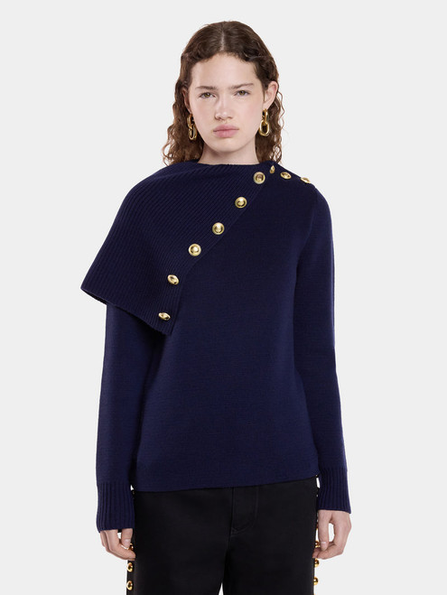 Rabanne Exaggerated Collar Wool Sweater in Navy, Size Medium
