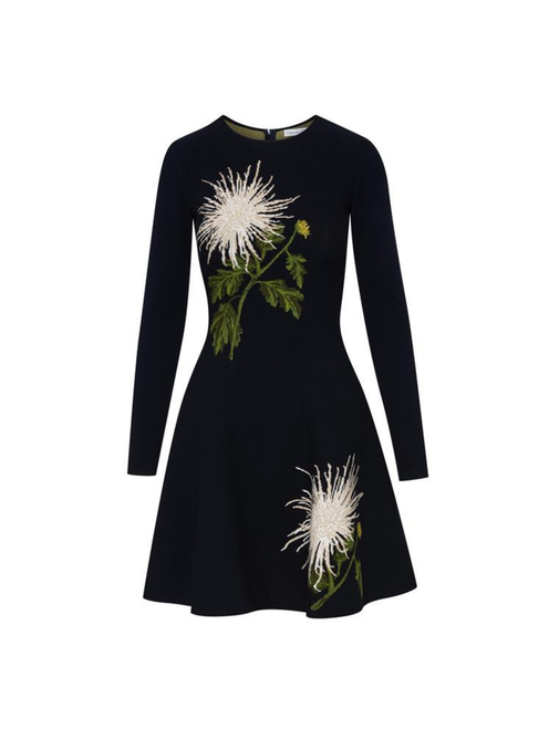 Oscar de la Renta Chrysanthemum Jacquard Fit & Flare Knit Dress in White/Navy, Size Medium