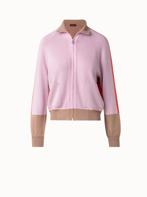 Akris Color Block Wool Silk Stretch Cardigan in Poppy Lotus Chai