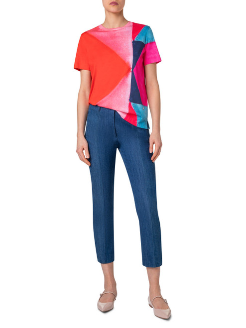 Akris Cotton Jersey T-Shirt with Spectra Print in Poppy Multicolor, Size 8