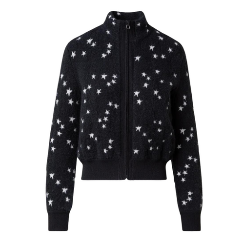 Akris Cashmere Silk Knit Cardigan with Star Intarsia in Black/Ecru, Size 14