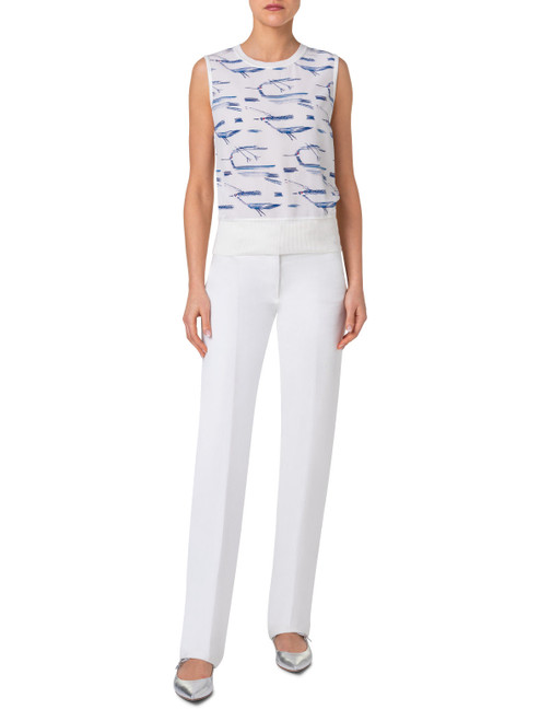 Akris Silk Knit Top with Kasuri Bird Print in Ecru/Denim