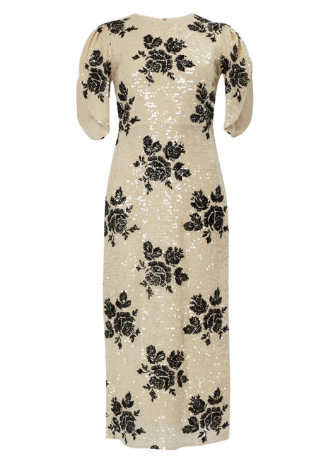 Erdem Short Sleeve Floral Sequined Pencil Dress in Winter White/Black, Size 8