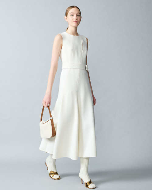Akris Sleeveless A-Line Midi Dress in Cotton Double-Face with Zip-Cut-Out in Ecru