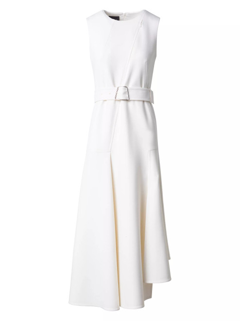 Akris Sleeveless A-Line Midi Dress in Cotton Double-Face with Zip-Cut-Out in Ecru