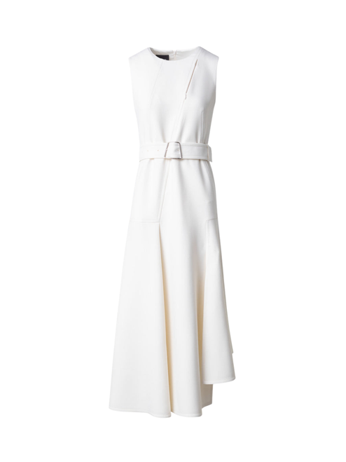 Akris Sleeveless A-Line Midi Dress in Cotton Double-Face with Zip-Cut-Out in Ecru