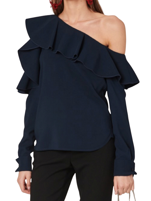 Oscar de la Renta Navy  Silk Georgette Cold Shoulder Ruffle Blouse, Size 6