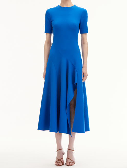 Oscar de la Renta Short Sleeve Wave Detail Stretch Wool Dress in Lapis, Size 10
