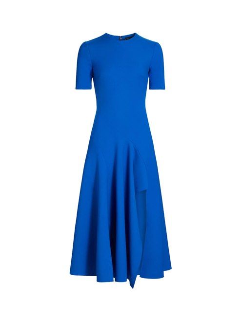 Oscar de la Renta Short Sleeve Wave Detail Stretch Wool Dress in Lapis, Size 10