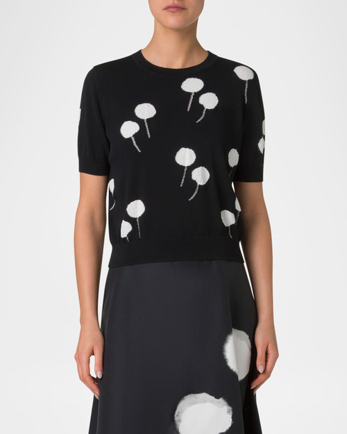 Akris Windflower Short Sleeve Cotton Sweater in Black/Ecru, Size 8