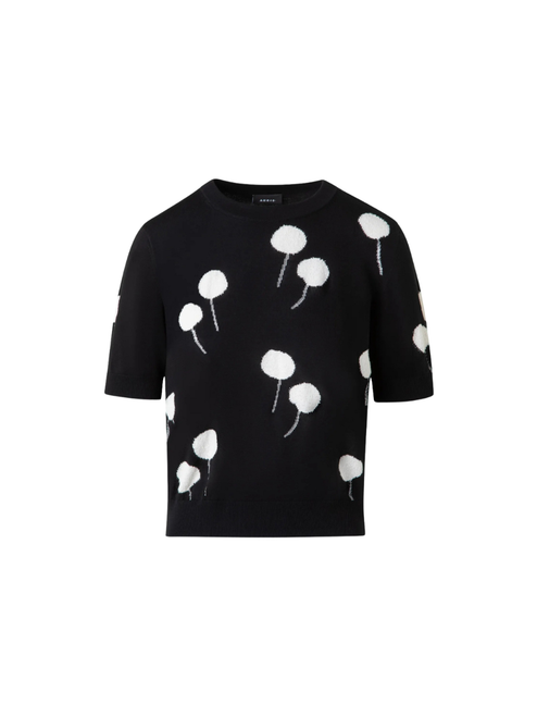 Akris Windflower Short Sleeve Cotton Sweater in Black/Ecru, Size 8
