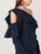 Oscar de la Renta Navy  Silk Georgette Cold Shoulder Ruffle Blouse, Size 6