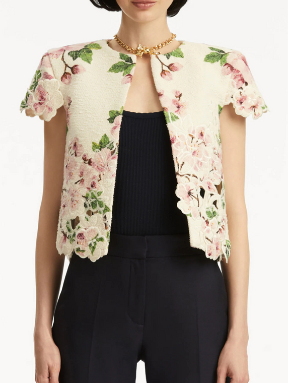 Oscar de la Renta Cherry Blossom Tweed Jacket in Pink/Ivory, Size 4