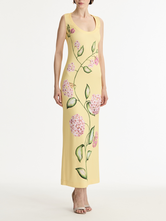 *VIRTUAL TRUNK SHOW* Oscar de la Renta Short Sleeve Scoop Neck Porcelain Flowers Jersey Dress