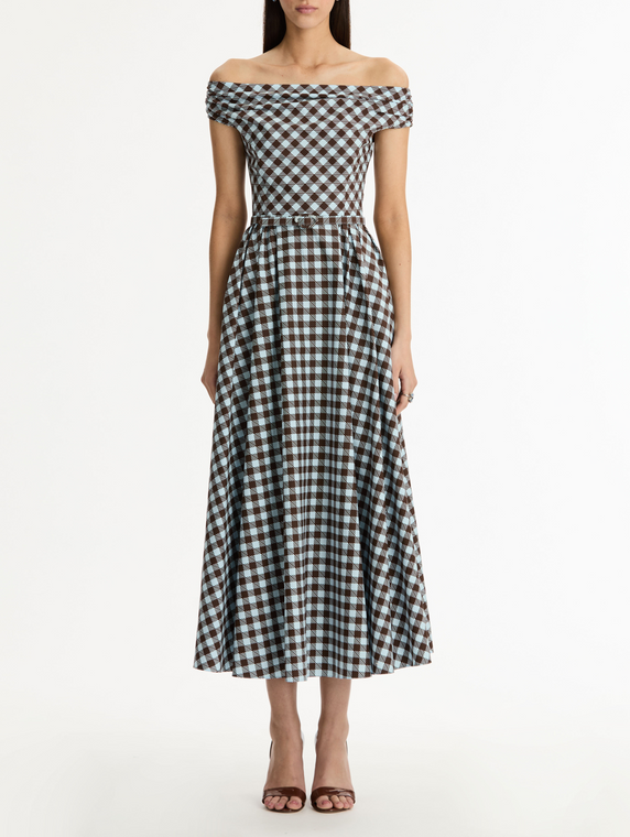 *VIRTUAL TRUNK SHOW* Oscar de la Renta Off Shoulder Gingham Poplin Day Dress *VIRTUAL TRUNK SHOW* Oscar de la Renta Off Shoulder Gingham Poplin Day Dress