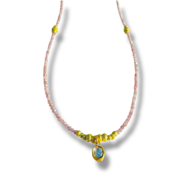 Mara Labell Designs 18K Gold Daily Diamonds The Icon Pink Rondelle and Diamond Oval Bezel Set Necklace, 18"