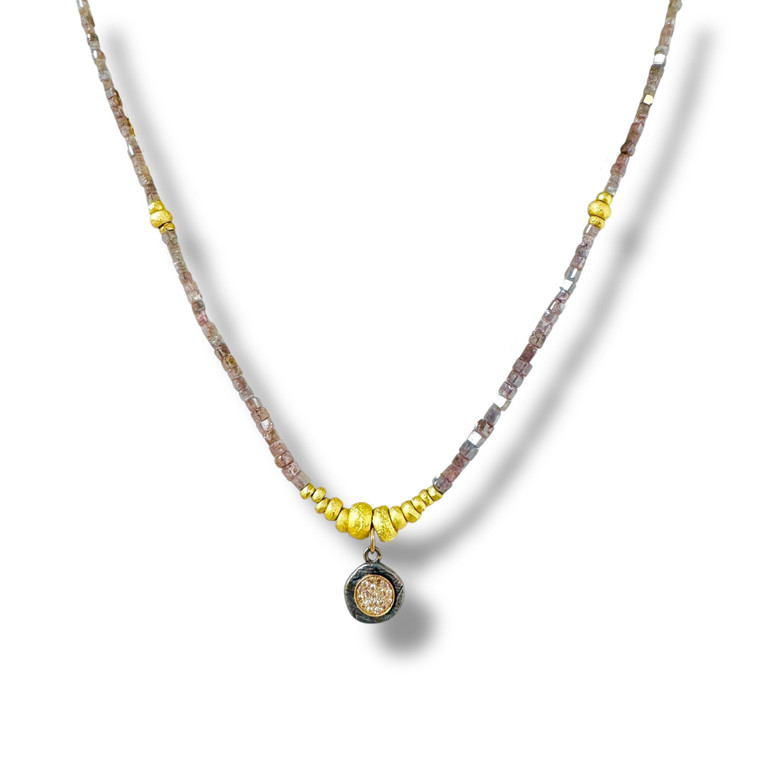 Mara Labell Designs 18K Gold Daily Diamonds Champagne Tubes Necklace with Pave Mixed Metal Medallion, 18"