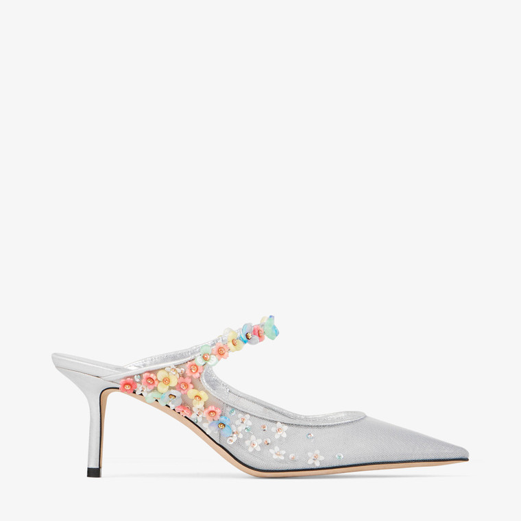 Jimmy Choo Bing Daisy 65 Mesh Mule with Daisy Embroidery in Silver/Multi