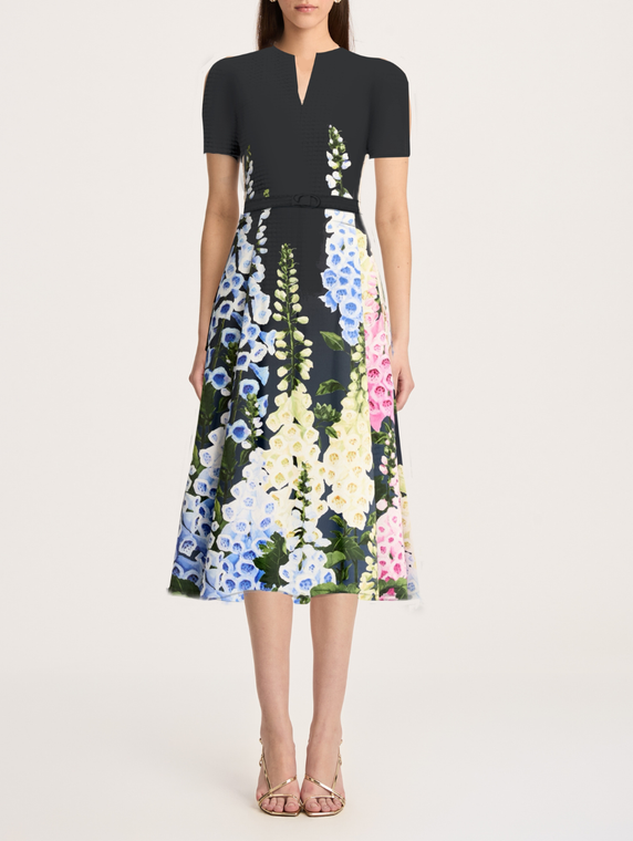 *COMING SOON* Oscar de la Renta Short Sleeve Multi Foxgloves Degrade Dress in Night Sky/Multi