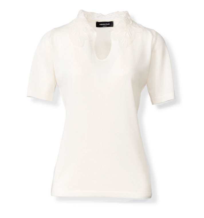 *VIRTUAL TRUNK SHOW* Fabiana Filippi Cotton Silk Short Sleeve Sweater with Lace Collar