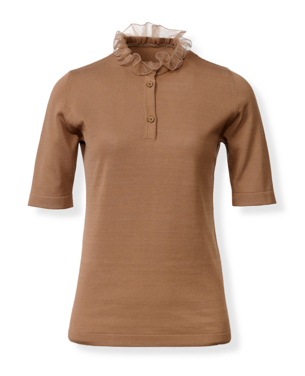 *VIRTUAL TRUNK SHOW* Fabiana Filippi Cotton Henley Short Sleeve Sweater with Tulle Ruffle