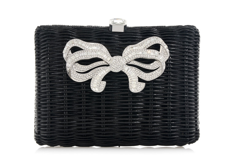 *Virtual Trunk Show* Judith Leiber Couture Hailey Wicker Basket Bow Black in Silver Black