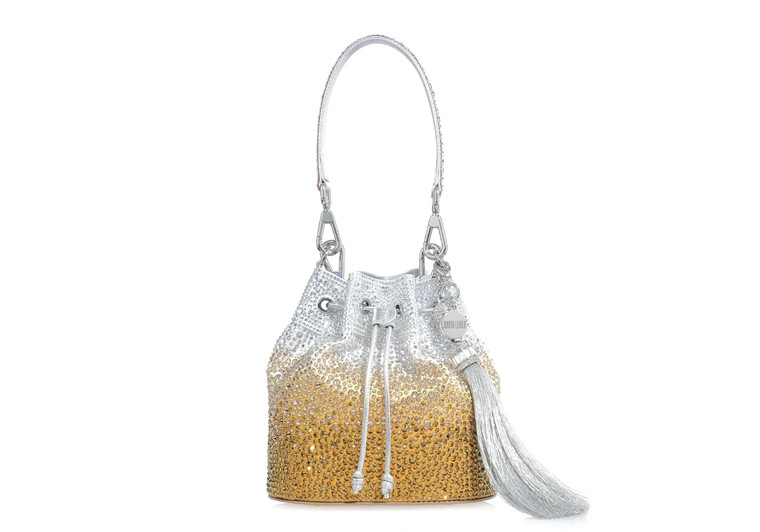 *Virtual Trunk Show* Judith Leiber Couture Piper Bucket Caviar Gradient Golden in Silver Golden