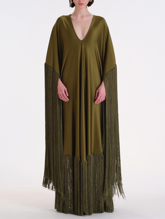 *VIRTUAL TRUNK SHOW* Oscar de la Renta V Neck Ombre Silk Fringe Detail Jersey Caftan