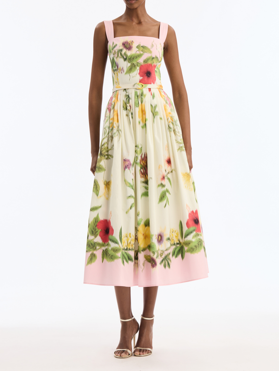 *VIRTUAL TRUNK SHOW* Oscar de la Renta Sleeveless Multi Floral Poplin Scarf Print Day Dress