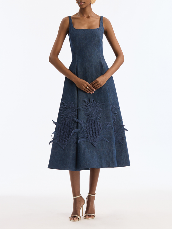 *VIRTUAL TRUNK SHOW* Oscar de la Renta Sleeveless Pineapple Embroidered Denim Day Dress