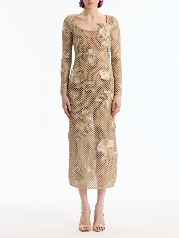 *VIRTUAL TRUNK SHOW* Oscar de la Renta Long Sleeve Scoop Neck Mesh Knit Dress With Threadwork Patches