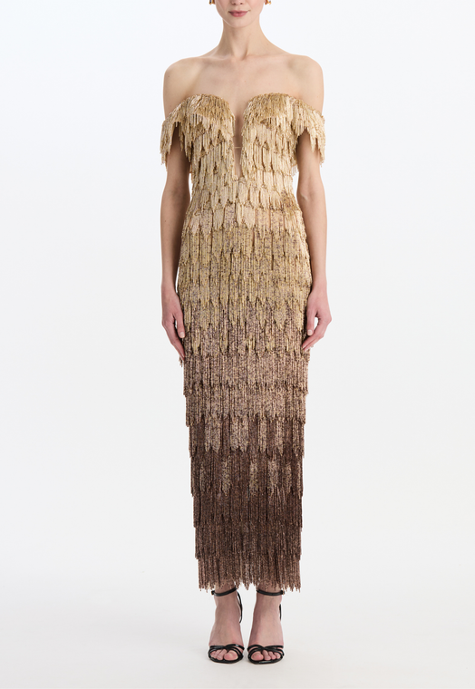 *VIRTUAL TRUNK SHOW* Oscar de la Renta Off Shoulder Seed Bead Fringe Embroidered Gown