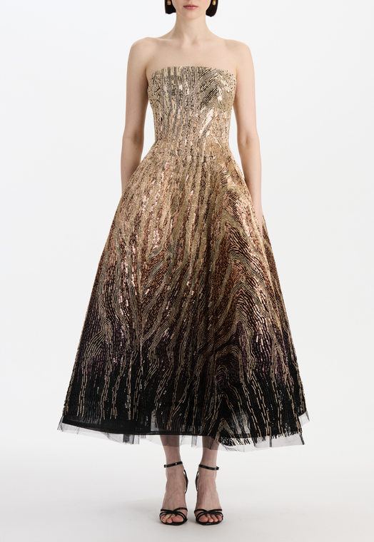*VIRTUAL TRUNK SHOW* Oscar de la Renta Strapless Beaded Sequin Moire Ombre Gown
