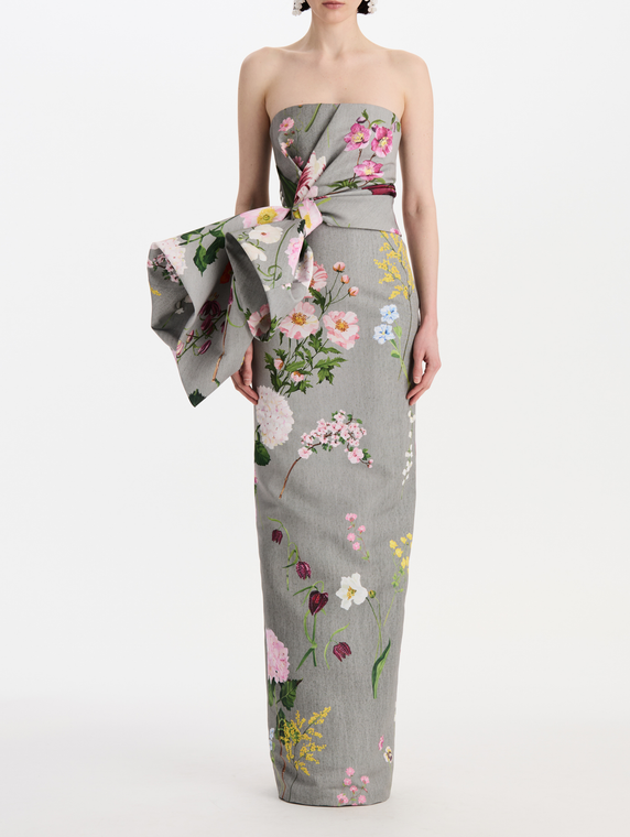 *VIRTUAL TRUNK SHOW* Oscar de la Renta Strapless Mixed Botanical Faille Draped Gown