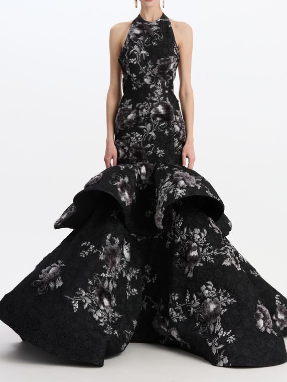 *VIRTUAL TRUNK SHOW* Oscar de la Renta Sleeveless Printed Peony Tiered Mermaid Gown