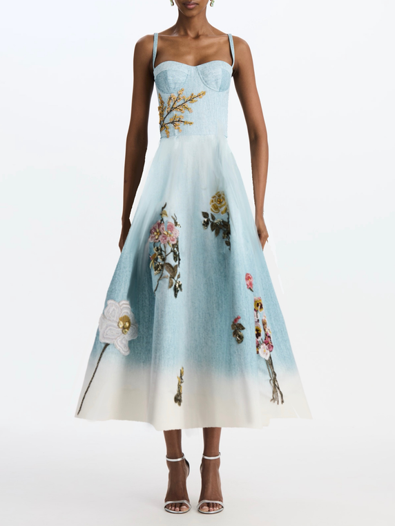 *VIRTUAL TRUNK SHOW* Oscar de la Renta Sleeveless Bustier Painted Beaded Floral Cocktail Dress
