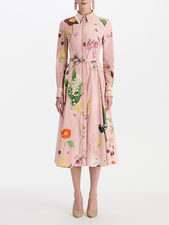 *VIRTUAL TRUNK SHOW* Oscar de la Renta Long Sleeve Collared Mixed Botanical Cotton Dress
