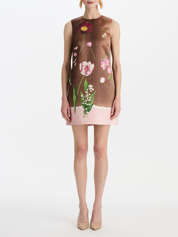 *VIRTUAL TRUNK SHOW* Oscar de la Renta Sleeveless Mixed Botanical Border Satin Dress