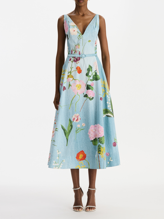 *VIRTUAL TRUNK SHOW* Oscar de la Renta Sleeveless V Neck Mixed Botanical Poplin Day Dress