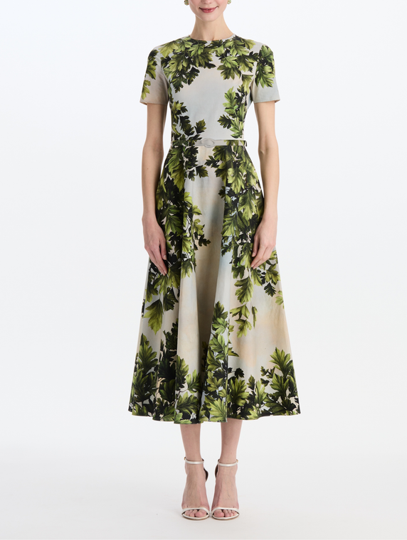 *VIRTUAL TRUNK SHOW* Oscar de la Renta Short Sleeve Foliage Cotton Poplin Day Dress