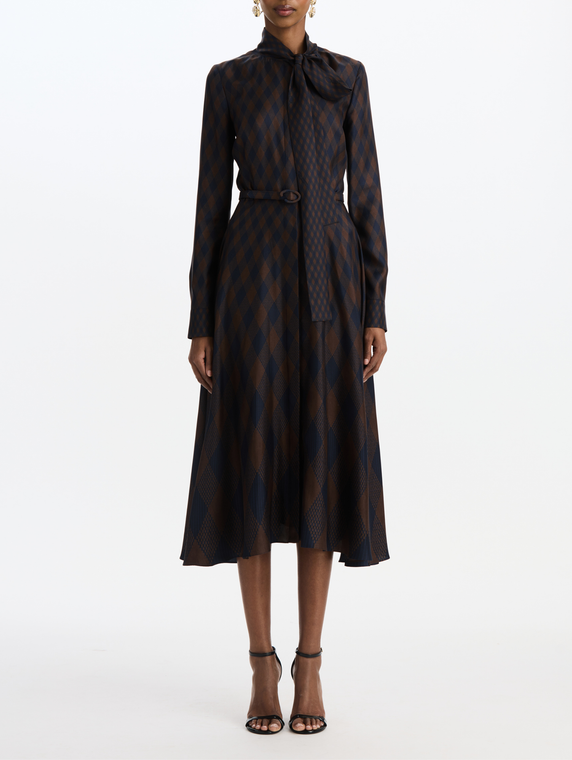 *VIRTUAL TRUNK SHOW* Oscar de la Renta Long Sleeve Tie Neck Argyle Silk Twill Day Dress