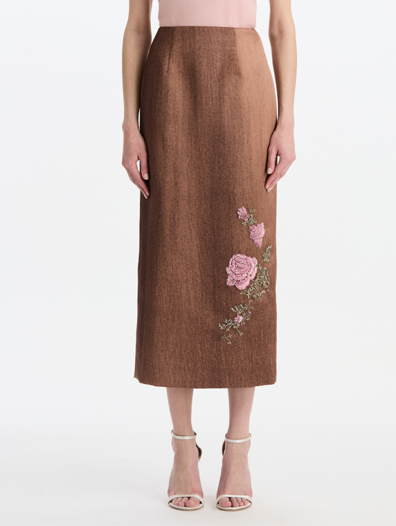 *VIRTUAL TRUNK SHOW* Oscar de la Renta Paint Ground Satin Floral Embroidered Column Skirt