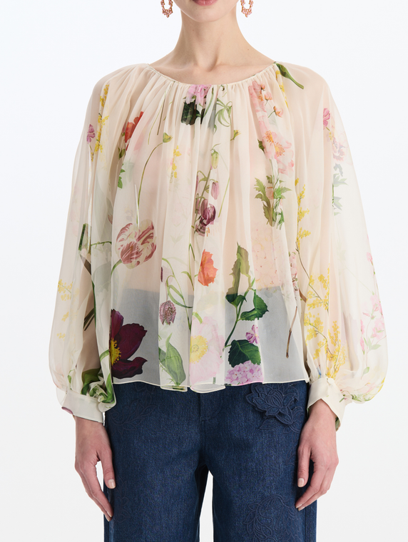 *VIRTUAL TRUNK SHOW* Oscar de la Renta Long Sleeve Mixed Botanical Silk Chiffon Blouse