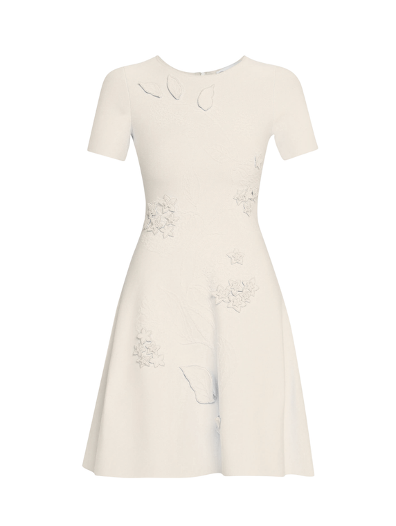 Oscar de la Renta Short Sleeve Porcelain Flower Embroidered Knit Dress in Ivory, Size Medium